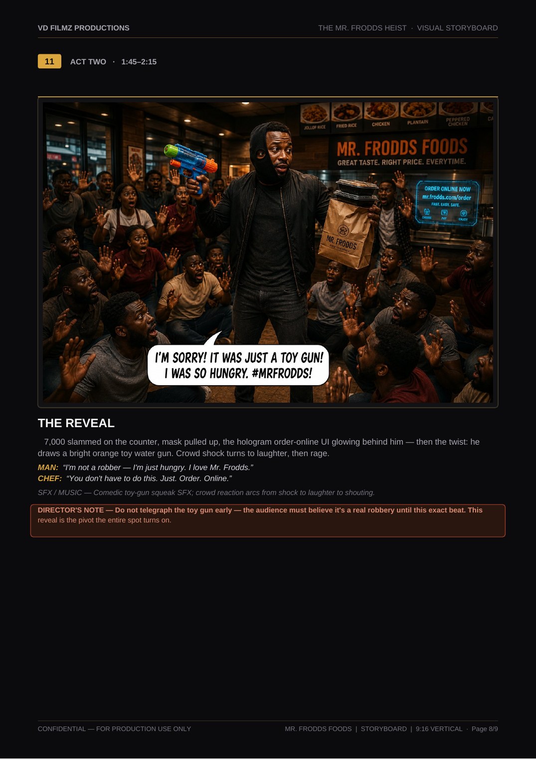 The Mr. Frodd's Heist visual storyboard — page 8 of 9