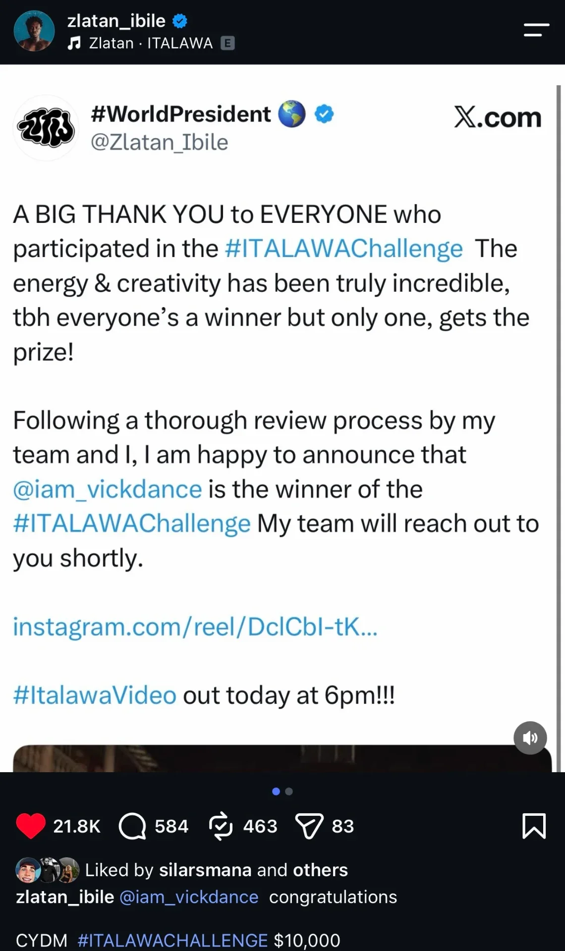 Zlatan Ibile’s Instagram post announcing @iam_vickdance as the winner of the #ITALAWAChallenge, with the $10,000 prize.