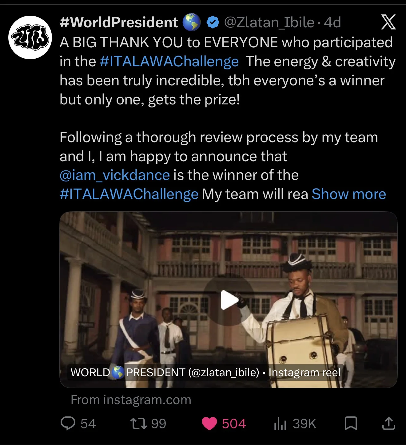 Zlatan Ibile’s post on X announcing @iam_vickdance as the winner of the #ITALAWAChallenge.