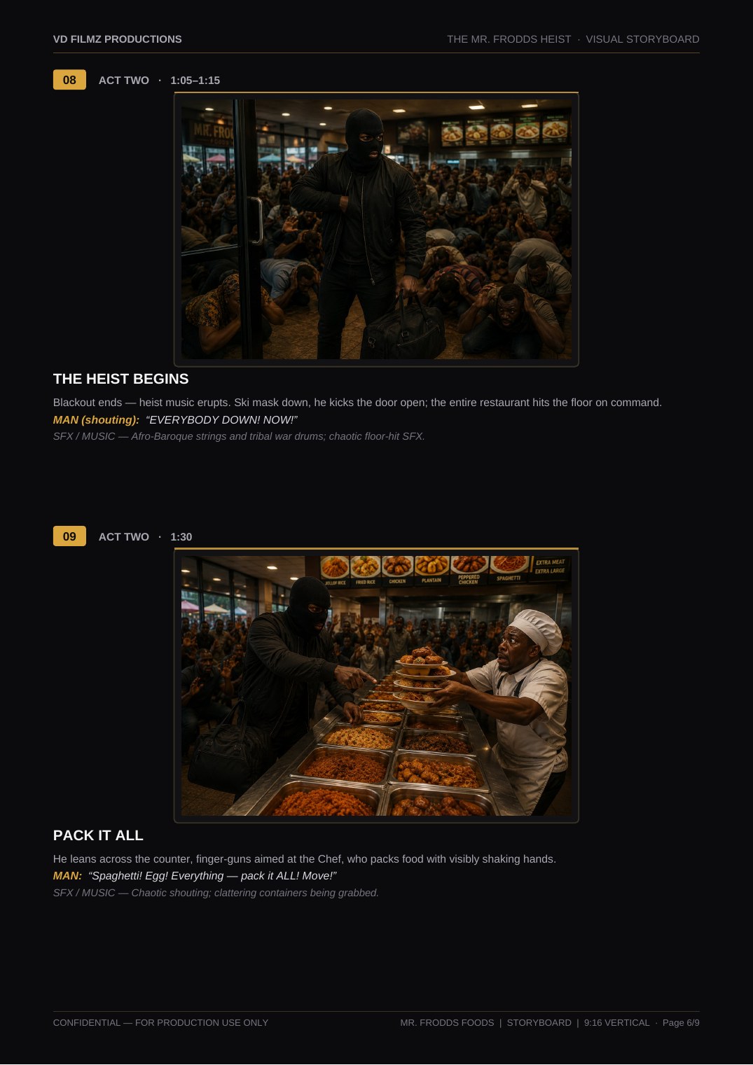 The Mr. Frodd's Heist visual storyboard — page 6 of 9